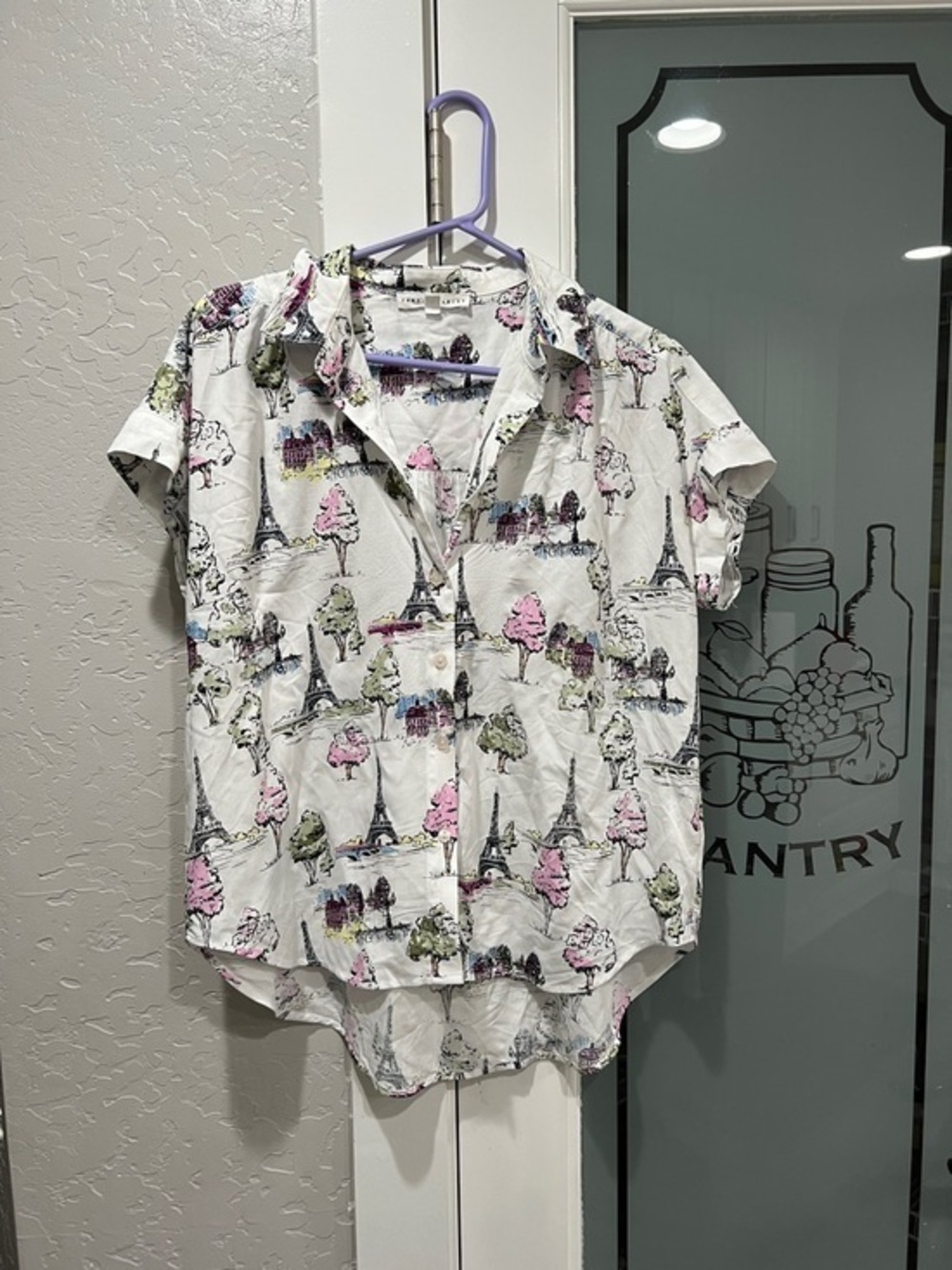 Jane and Delancey White Button-Down Shirt with Pink and Green Print